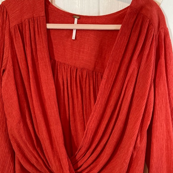Free People Red Long Sleeve Blouse with Plunge Neckline and Wrap Style - Picture 2 of 11